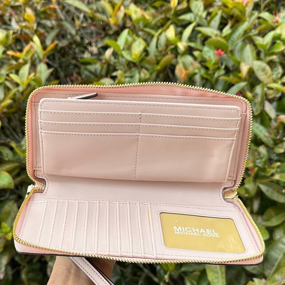 Michael Kors Jet Set Travel Large Continental Wallet Wristlet MK Brown Pink - Picture 4 of 10